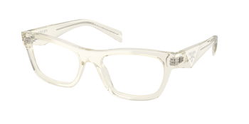 Das Bild zeigt die Prada Brille B01V in Blassgold beschichtetleicht schräg von der Seite.